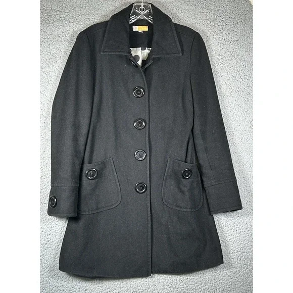 Anthropologie Tulle Peacoat Black Wool Longline M Polka Dot Lining Button Pocket - Picture 2 of 8